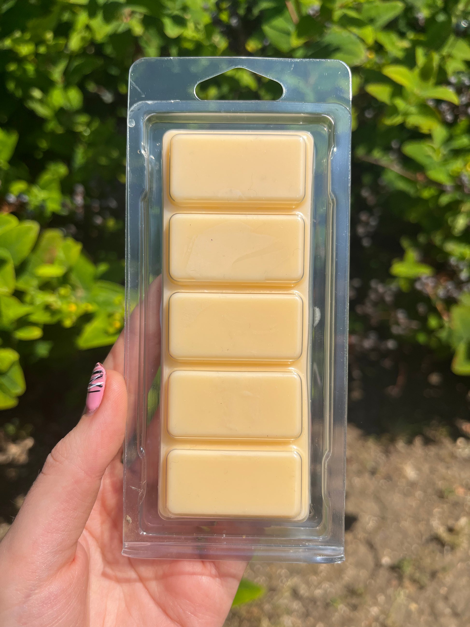 <img src="image_Citronella_Snapbar" alt="Hand holding a package of GLOW citronella wax melts with five yellow rectangular melts.">